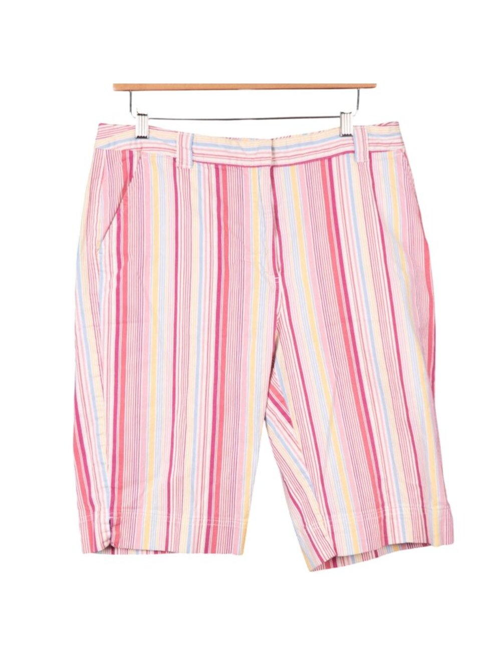 Striped Bermuda Shorts 14 Womens Pink Yellow Blue Cotton Summer Beach Modest
